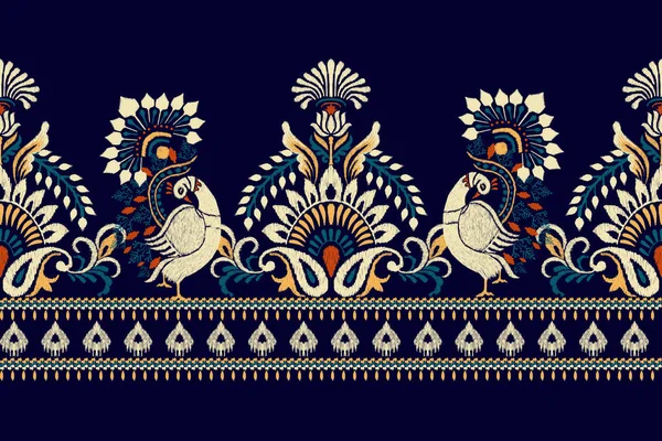 Ikat Blommig Paisley Brodyr Mörkblå Bakgrund Ikat Etniska Orientaliska Mönster — Stock vektor