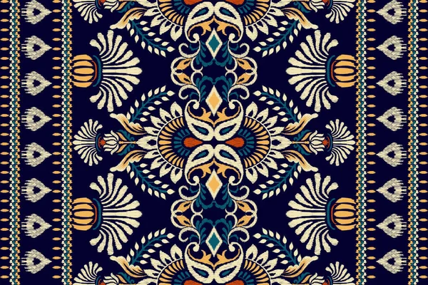 ダークブルーの背景にイカットの花のペイズリー刺繍 イカットの民族的な東洋のパターンの伝統 アステカスタイル抽象的なベクトルのイラスト — ストックベクタ