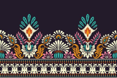Koyu mor arkaplan üzerine Ikat desenli desenli işlemeler. Etnik oryantal desen geleneği. Doku, kumaş, kıyafet, ambalaj, dekorasyon, sarong için tasarım.
