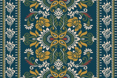 Ikat çiçekli şal desenli lacivert arka plan nakışı. Etnik oryantal desen geleneği. Doku, kumaş, elbise, ambalaj, dekorasyon, halı tasarımı..