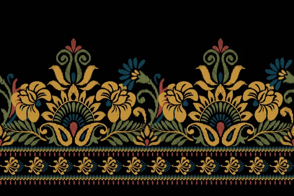 黒の背景にイカットの花ペイズリー刺繍 イカットの民族的な東洋のパターンの伝統 アステカスタイル抽象的なベクトルのイラスト テクスチャ ファブリック ラッピング サロン スカーフのためのデザイン — ストックベクタ
