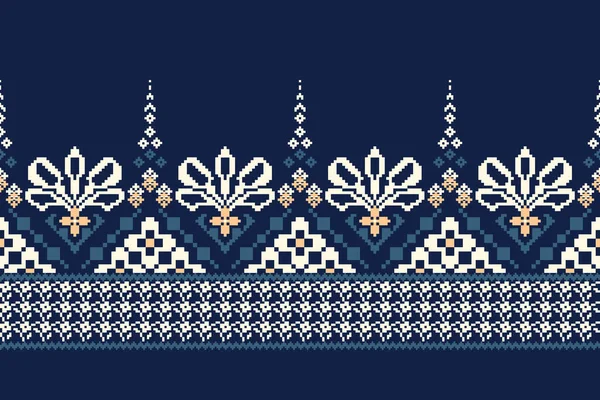 Broderie Point Croisé Floral Sur Fond Bleu Marine Modèle Oriental — Image vectorielle