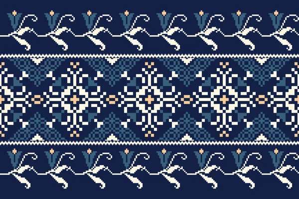 ネイビーブルーの背景に花のニット刺繍 幾何学的な民族の東洋のパターンの伝統 アステカスタイル抽象的なベクトルのイラスト — ストックベクタ