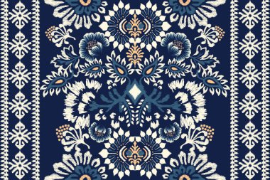 Ikat çiçekli şal desenli lacivert arka plan nakışı. Etnik oryantal desen geleneği. Doku, kumaş, elbise, ambalaj, dekorasyon, halı tasarımı..