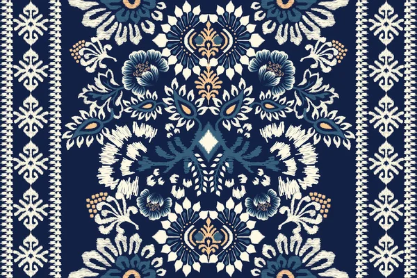 在深蓝色的背景上 我可以看到蓝色的花边绣花 我可以看到东方的传统图案 阿兹特克风格的抽象矢量插图 地毯的设计 — 图库矢量图片