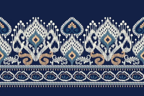 Ikat Bordado Paisley Floral Sobre Fondo Azul Marino Ikat Patrón — Archivo Imágenes Vectoriales