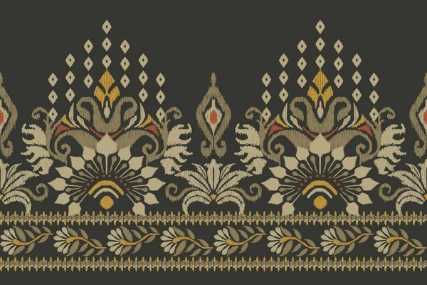 Ikat Blumenpaisley Stickerei Auf Dunkelgrünem Hintergrund Ikat Ethnisch Orientalisches Muster — Stockvektor