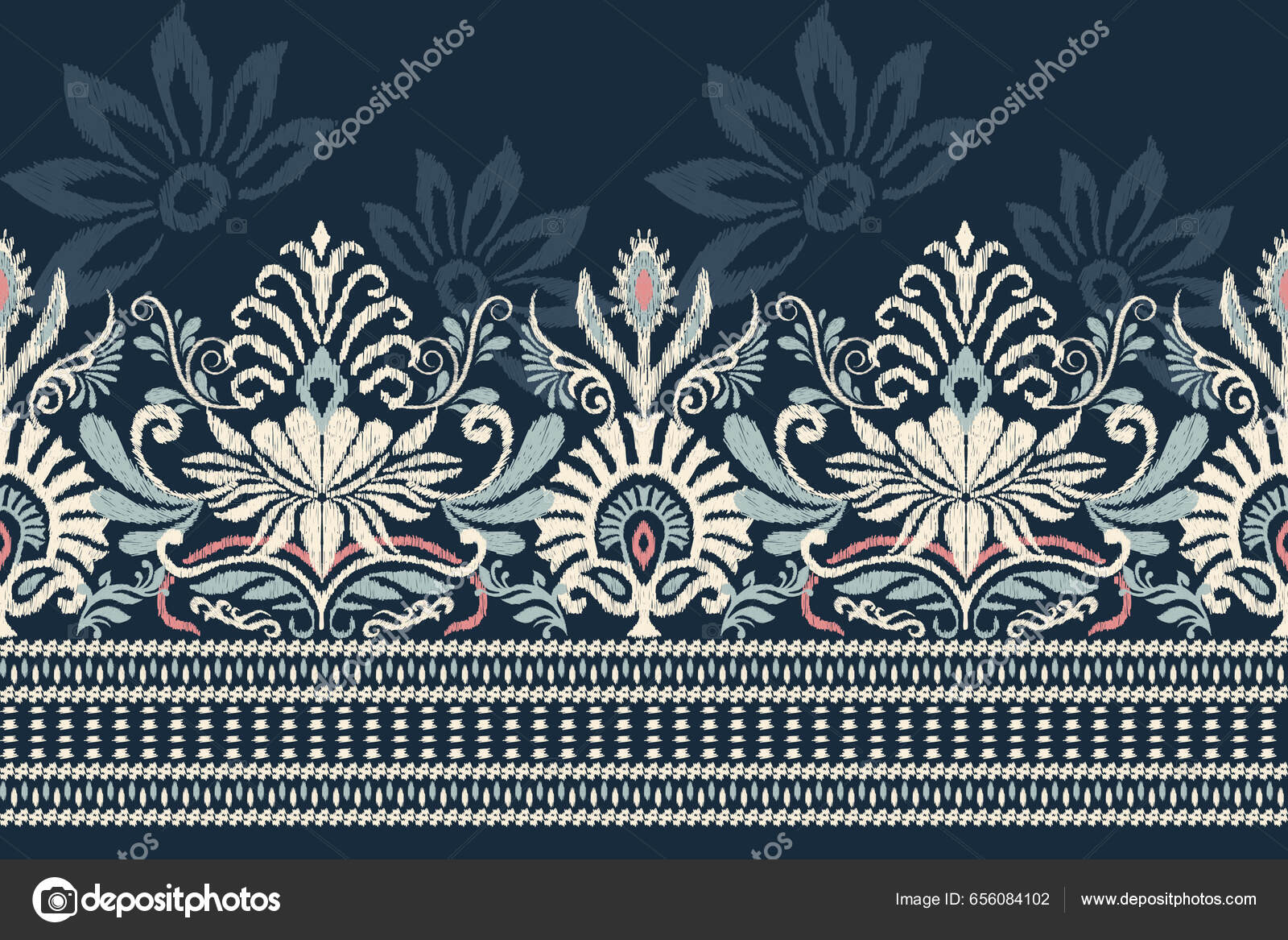 ネイビーブルーの背景にイカットの花ペイズリー刺繍 イカットの民族的な東洋のパターンの伝統 アステカスタイル抽象的なベクトルイラスト テクスチャ  ファブリック ラッピング サロンのためのデザイン ストックベクター ©anchalee.thaweeboon@gmail.com 656084102, image size:1600x1167