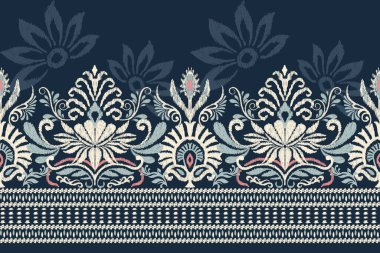 Ikat çiçekli şal desenli lacivert arka plan nakışı. Etnik oryantal desen geleneği. Doku, kumaş, giysi, ambalaj, dekorasyon, Sarong tasarımı..