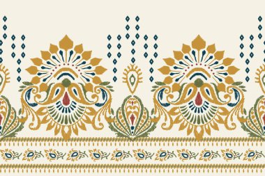 Beyaz arka plana Ikat desenli desenli işleme.Etnik oryantal desen geleneği. Doku, kumaş, giysi, ambalaj, dekorasyon, sarong, eşarp için soyut vektör çizimi.