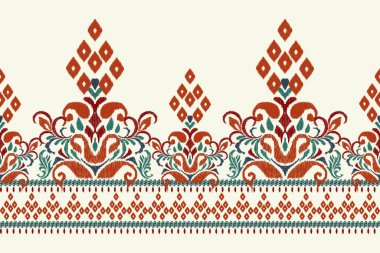 Beyaz arka plana Ikat desenli desenli işleme.Etnik oryantal desen geleneği. Doku, kumaş, giysi, ambalaj, dekorasyon, sarong, eşarp için soyut vektör çizimi.