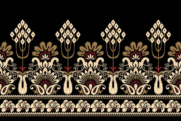 Ikat Bordado Paisley Floral Sobre Fondo Negro Ikat Patrón Étnico — Archivo Imágenes Vectoriales
