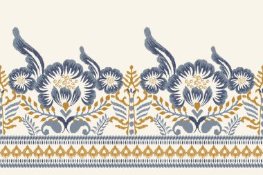 Beyaz arka plana Ikat desenli desenli işleme.Etnik oryantal desen geleneği. Doku, kumaş, giysi, ambalaj, dekorasyon, sarong, eşarp için soyut vektör çizimi.