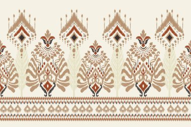 Beyaz arka plana Ikat desenli desenli işleme.Etnik oryantal desen geleneği. Doku, kumaş, giysi, ambalaj, dekorasyon, sarong, eşarp için soyut vektör çizimi.