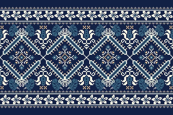 Floral Πλεκτά Κεντήματα Ναυτικό Μπλε Φόντο Γεωμετρικό Έθνικ Ανατολίτικο Μοτίβο — Διανυσματικό Αρχείο