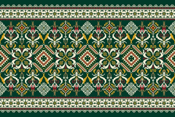 绿色背景上的花纹十字绣 几何东方图案传统 阿兹特克风格的抽象矢量插画 围巾的设计 — 图库矢量图片