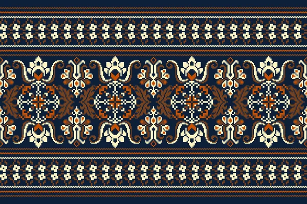 Floral Knitted Embroidery Navy Blue Background Geometric Ethnic Oriental Pattern — Stock Vector