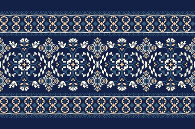 Deniz mavisi arka plan üzerine çiçekli nakış. Geometrik etnik doğu desenli geleneksel. Doku, kumaş, giysi, ambalaj, dekorasyon, eşarp için soyut vektör çizimi..