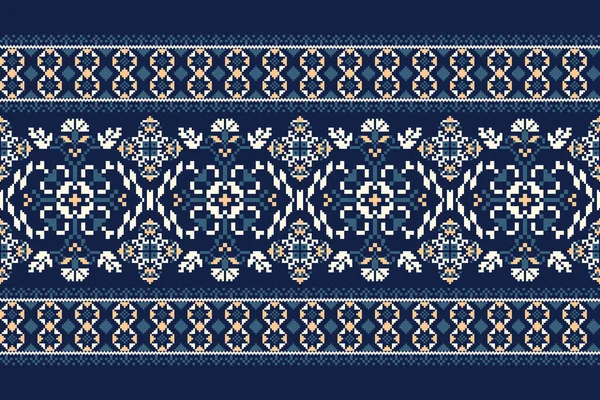 ネイビーブルーの背景に花のニット刺繍 幾何学的な民族の東洋のパターンの伝統 アステカスタイル抽象的なベクトルのイラスト — ストックベクタ