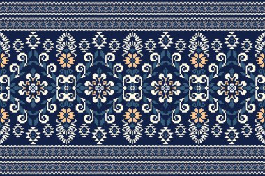 Deniz mavisi arka plan üzerine çiçekli nakış. Geometrik etnik doğu desenli geleneksel. Doku, kumaş, giysi, ambalaj, dekorasyon, eşarp için soyut vektör çizimi..