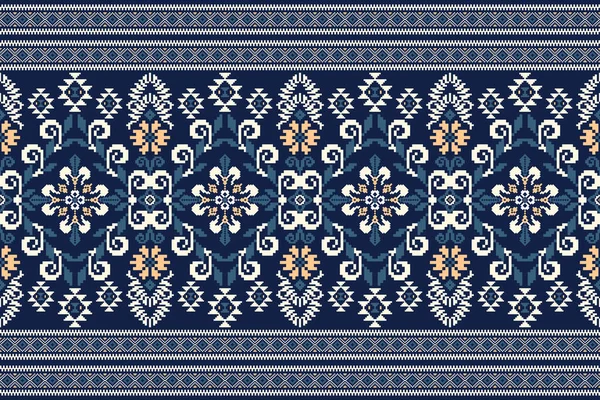 Broderie Tricotée Florale Sur Fond Bleu Marine Modèle Oriental Ethnique — Image vectorielle
