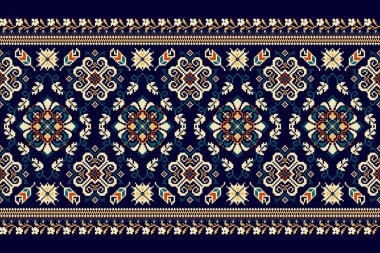 Deniz mavisi arka plan üzerine çiçek haçı nakışı. Geometrik etnik oryantal desen geleneği. Doku, kumaş, giysi, süsleme, dekorasyon için tasarım..