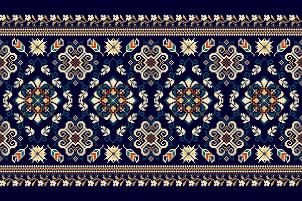 Floral Cross Stitch Embroidery Navy Blue Background Geometry Oriental Pattertional — 스톡 벡터