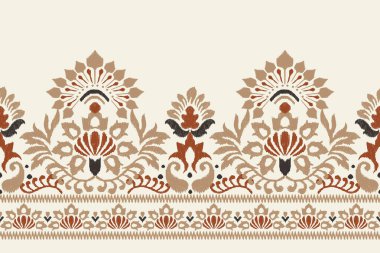 Beyaz arka plana Ikat desenli desenli işleme.Etnik oryantal desen geleneği. Doku, kumaş, giysi, ambalaj, dekorasyon, sarong, baskı için soyut vektör çizimi.