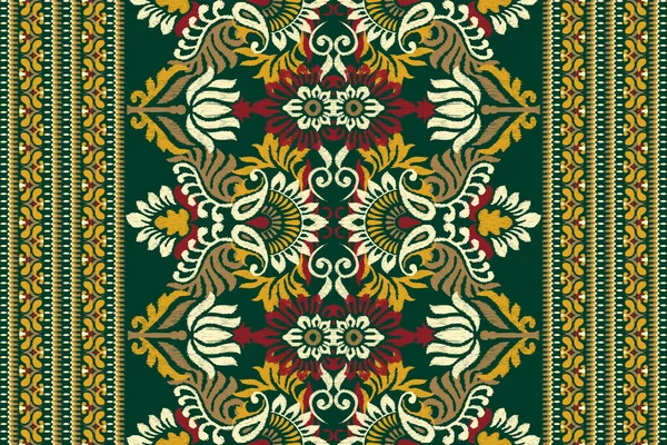 Ikat Broderie Paisley Floral Sur Fond Vert Ikat Motif Oriental — Image vectorielle
