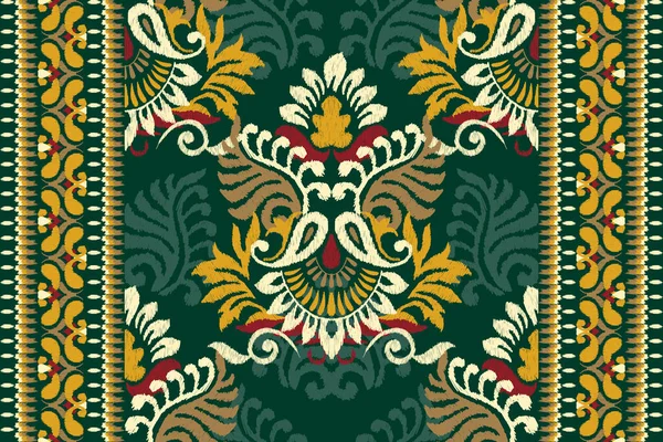 Ikat Broderie Paisley Floral Sur Fond Vert Ikat Motif Oriental — Image vectorielle
