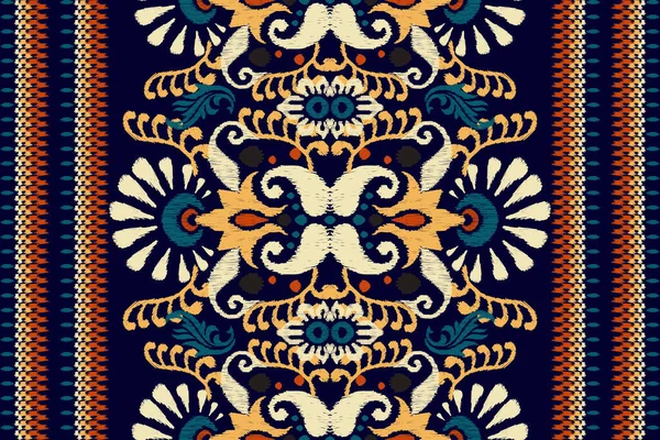 ダークパープルの背景にイカットの花のペイズリー刺繍 イカットの民族的な東洋のパターンの伝統 アステカスタイル抽象的なベクトルのイラスト — ストックベクタ