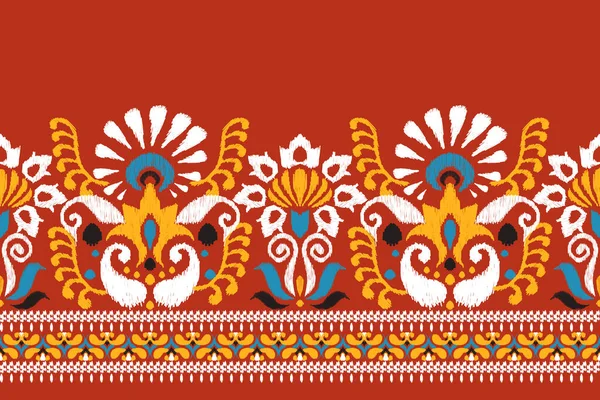 赤の背景にインドのイカットの花ペイズリー刺繍 イカットの民族的な東洋のパターンの伝統 アステカスタイル抽象的なベクトルのイラスト — ストックベクタ