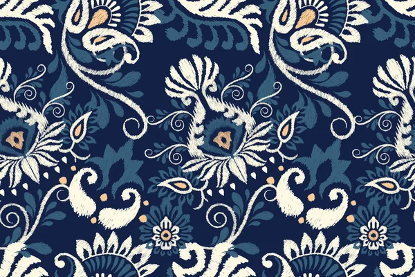 Ikat Bordado Paisley Floral Sobre Fondo Azul Marino Ikat Étnico — Vector de stock