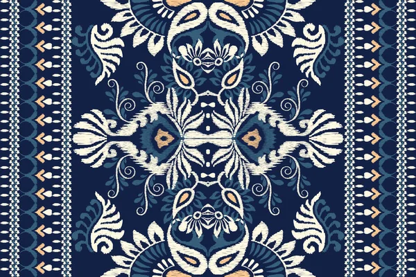 Ikat Floral Paisley Embroidery Navy Blue Background Ikat Ethnic Oriental — Stock Vector