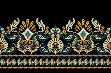 Siyah arkaplana Ikat desenli desenli işleme.Etnik oryantal desen geleneği. Doku, kumaş, giysi, ambalaj, dekorasyon, sarong, eşarp için soyut vektör çizimi.