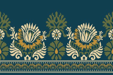 Ikat çiçekli şal desenli lacivert arka plan nakışı. Etnik oryantal desen geleneği. Doku, kumaş, giysi, ambalaj, dekorasyon, Sarong tasarımı..