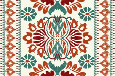 Beyaz arka plana Ikat desenli desenli işleme.Etnik oryantal desen geleneği. Doku, kumaş, giysi, ambalaj, dekorasyon, atkı, halı için soyut vektör çizimi.