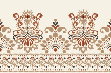 Beyaz arka plana Ikat desenli desenli işleme.Etnik oryantal desen geleneği. Doku, kumaş, giysi, ambalaj, dekorasyon, sarong, baskı için soyut vektör çizimi.