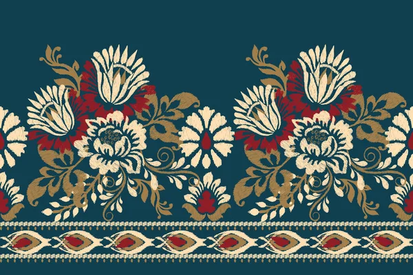 Ikat Floral Paisley Embroidery Navy Blue Background Ikat Ethnic Oriental — 스톡 벡터