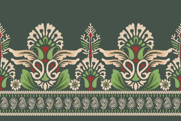 Ikat Blommig Paisley Brodyr Grön Bakgrund Ikat Etniska Orientaliska Mönster — Stock vektor