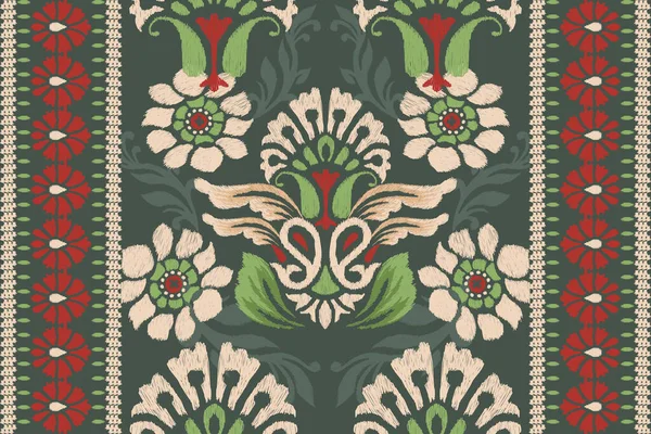 Ikat Bordado Paisley Floral Sobre Fondo Verde Ikat Patrón Étnico — Archivo Imágenes Vectoriales