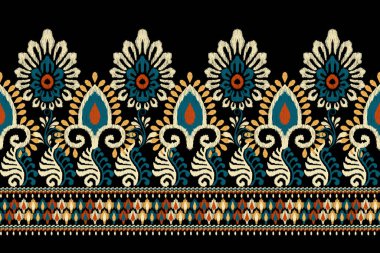 Siyah arka plana Ikat desenli desenli işleme.Etnik oryantal desen geleneği. Doku, kumaş, giysi, ambalaj, dekorasyon, sarong, baskı için soyut vektör çizimi.