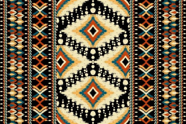 黒の背景にヒップスターIkat花ペイズリー刺繍 Ikat民族の東洋のパターンの伝統 Aztecスタイル抽象ベクトルイラスト テクスチャ ファブリック ラッピング 装飾のためのデザイン — ストックベクタ