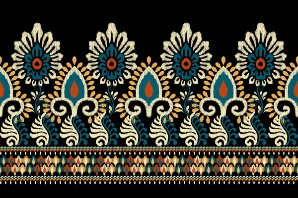 Ikat Blumen Paisley Stickerei Auf Schwarzem Hintergrund Ikat Ethnisch Orientalische — Stockvektor