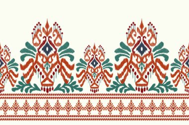 Beyaz arka plana Ikat desenli desenli işleme.Etnik oryantal desen geleneği. Doku, kumaş, giysi, ambalaj, dekorasyon, sarong, eşarp için soyut vektör çizimi.