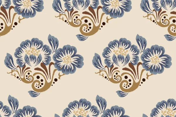 クリームの背景にイカットの花ペイズリー刺繍 イカットの民族的な東洋のシームレスなパターン伝統 アステカスタイル抽象的なベクトルイラスト テクスチャ ファブリック 装飾のためのデザイン — ストックベクタ