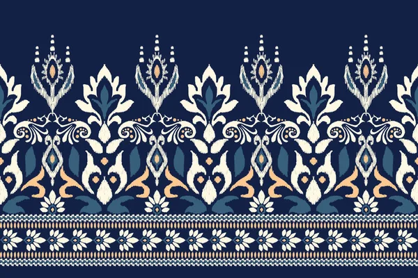 Bordado Paisley Floral Ikat Fundo Azul Marinho Padrão Oriental Étnico — Vetor de Stock