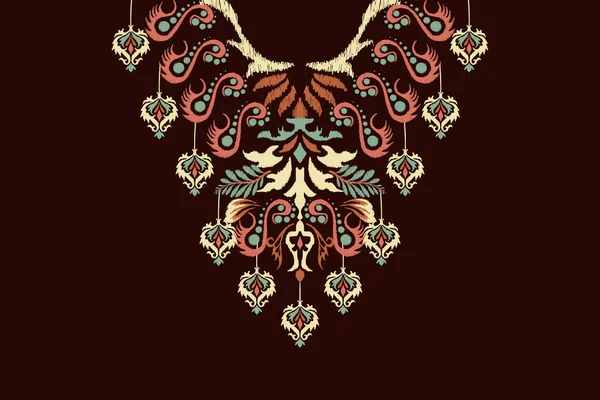 Náhrdelník Ikat Květinové Paisley Výšivky Hnědém Pozadí Boho Výstřih Vzor — Stockový vektor