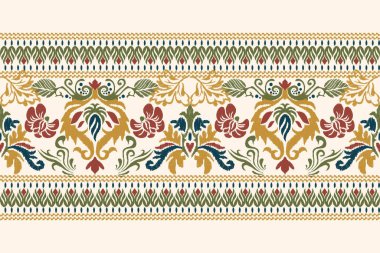 Beyaz arka plana Ikat desenli desenli işleme.Etnik oryantal desen geleneği. Doku, kumaş, kıyafet, ambalaj, dekorasyon, eşarp için tasarım..