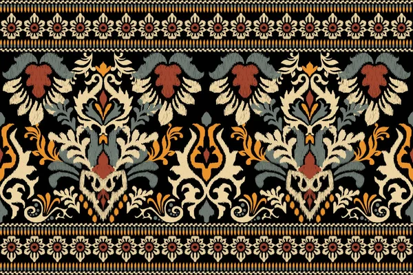 Ikat Broderie Paisley Floral Sur Fond Noir Ikat Motif Oriental — Image vectorielle